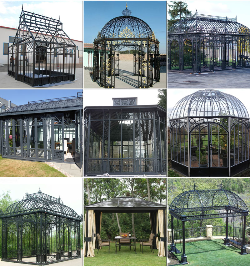 Outdoor large round wrought iron screened metal roof gazebo for sale